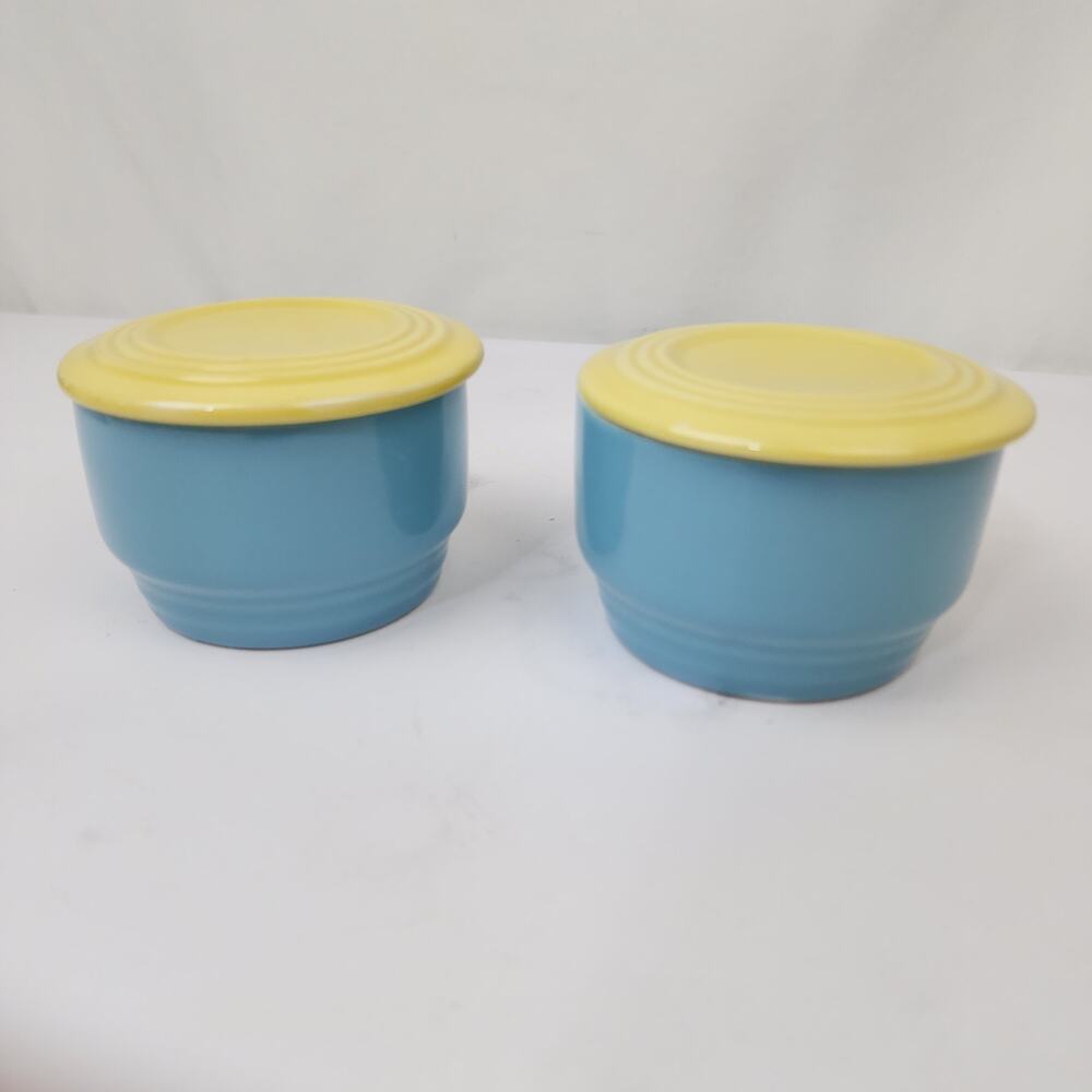 2 Westinghouse by Hall China Co Vintage Blue Yellow Bowl Refrigerator Dishes EUC
